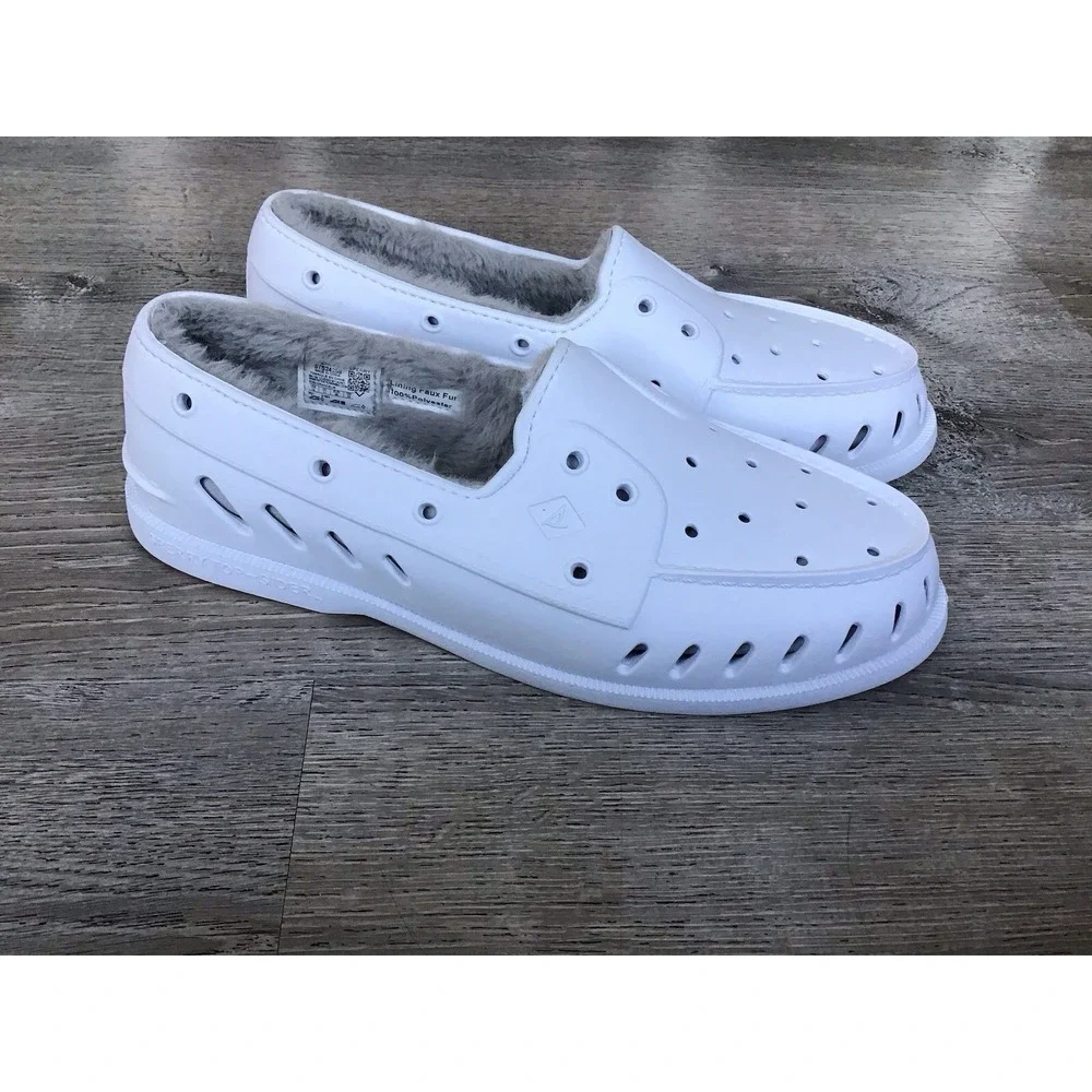 Sperry Boat Shoe Mens 12 White A/O Float Slip On Shearling Faux Fur STS24288